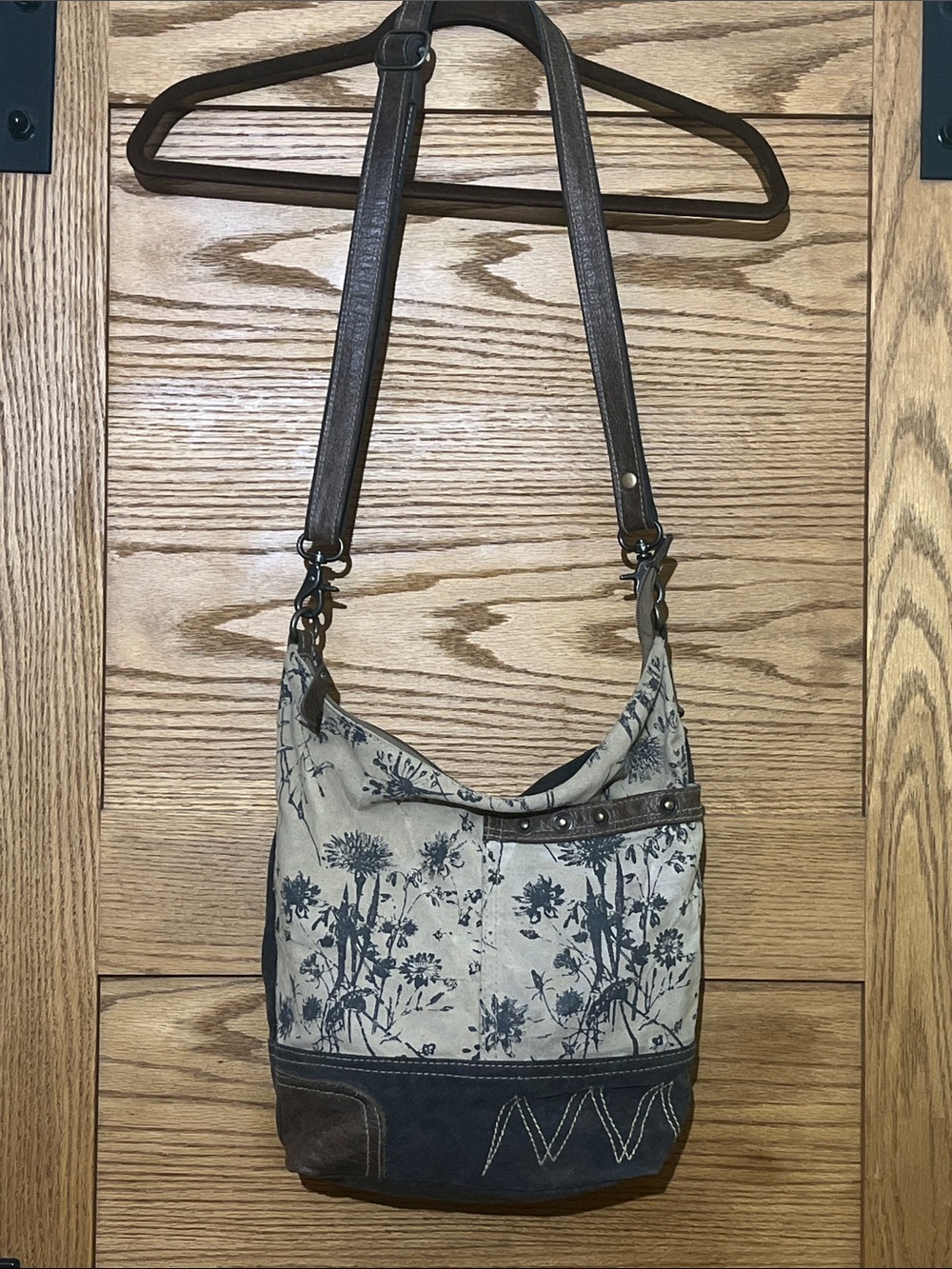 Myra Bag Beige Floral Canvas Shoulder Bag with Brown Trim